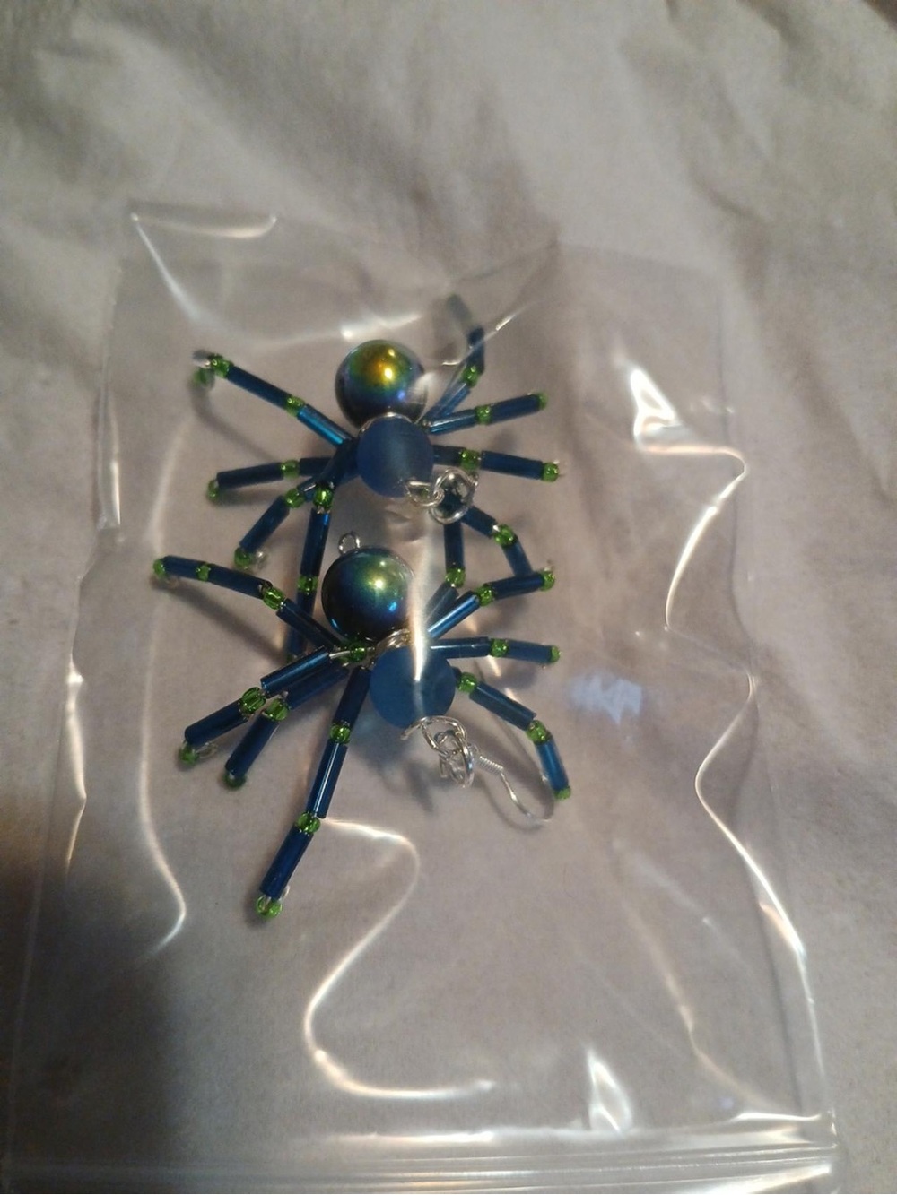 Blue and Green Beaded Spider Earrings - Jewelry Accessory